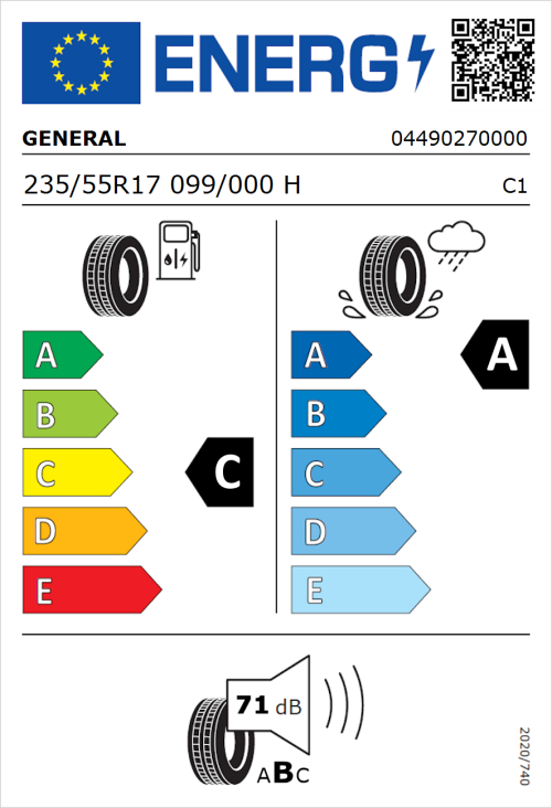 Tyre Label for General Grabber GT Plus 235/55R17 099/000H