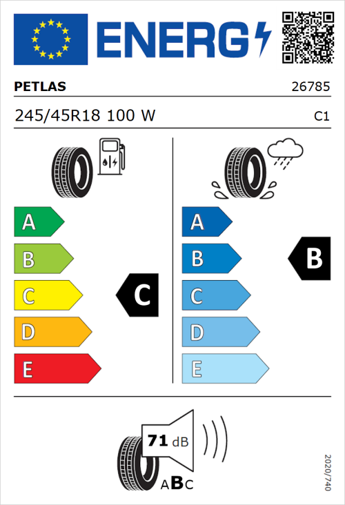 Tyre Label for Petlas Velox Sport PT741 245/45R18 100W