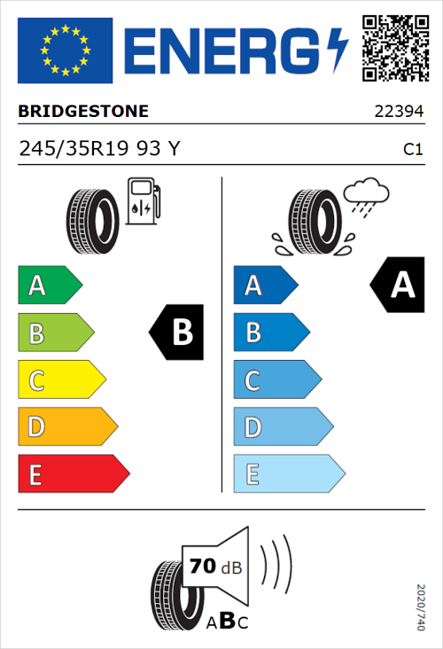 Tyre Label for Bridgestone Turanza 6 245/35R19 93Y