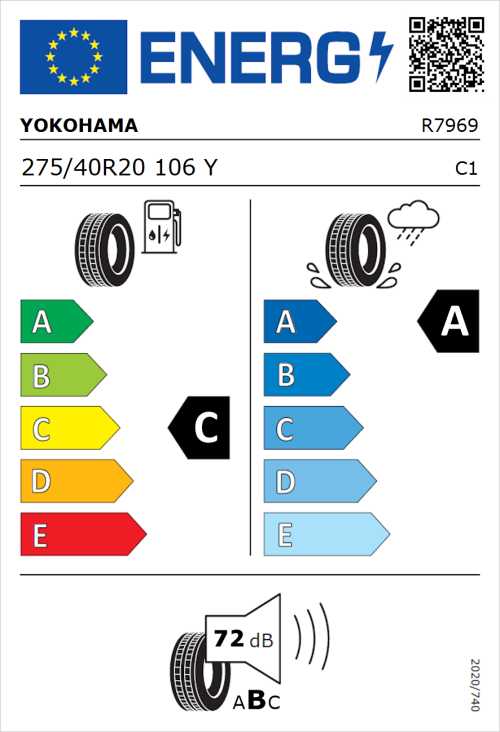 Tyre Label for Yokohama Advan Sport V107 275/40R20 106Y