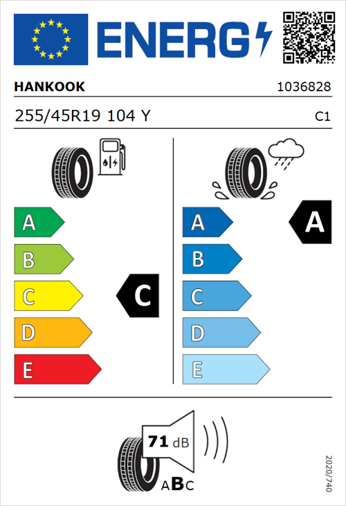 Tyre Label for Hankook Ventus Evo (K137) 255/45R19 104Y