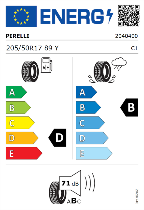 Tyre Label for Pirelli Cinturato P7 Run Flat 205/50R17 89Y